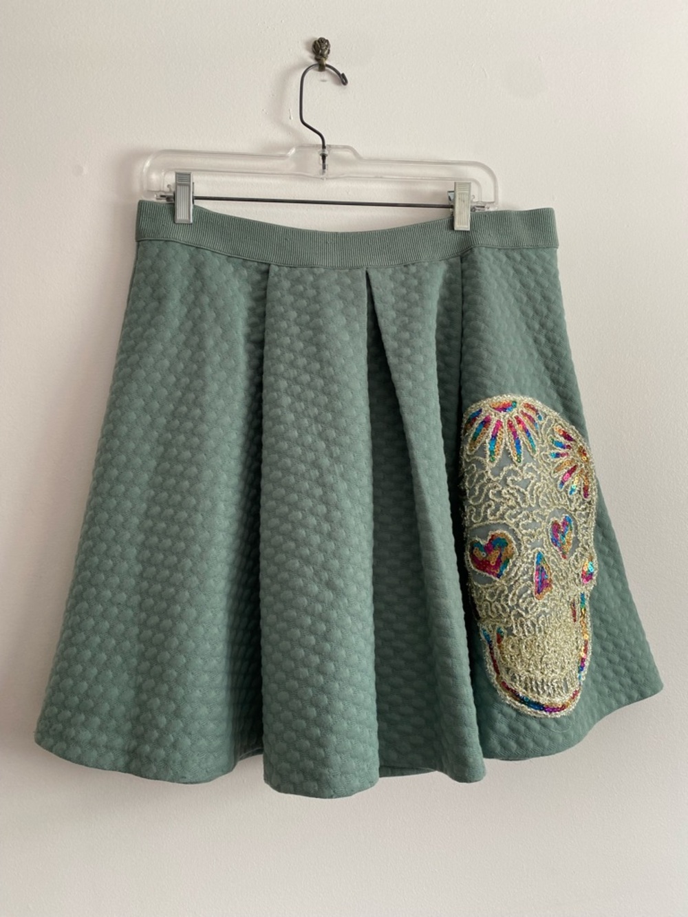 Shandra MacNeill Upcycled Skater Skirt with Embroidered Skull